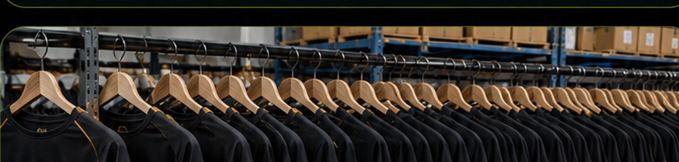 Retail-ready custom club apparel displayed neatly on a garment rail