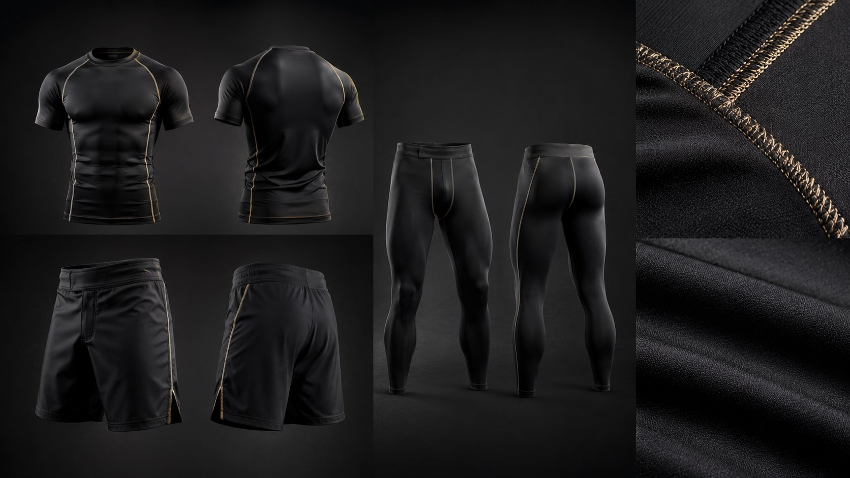 Custom rash guard, fight shorts and spats displayed as a coordinated product set